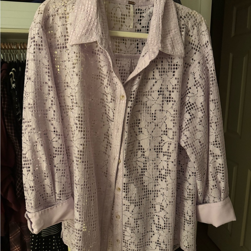 Free People Lavender Eyelet Button-Up Blouse